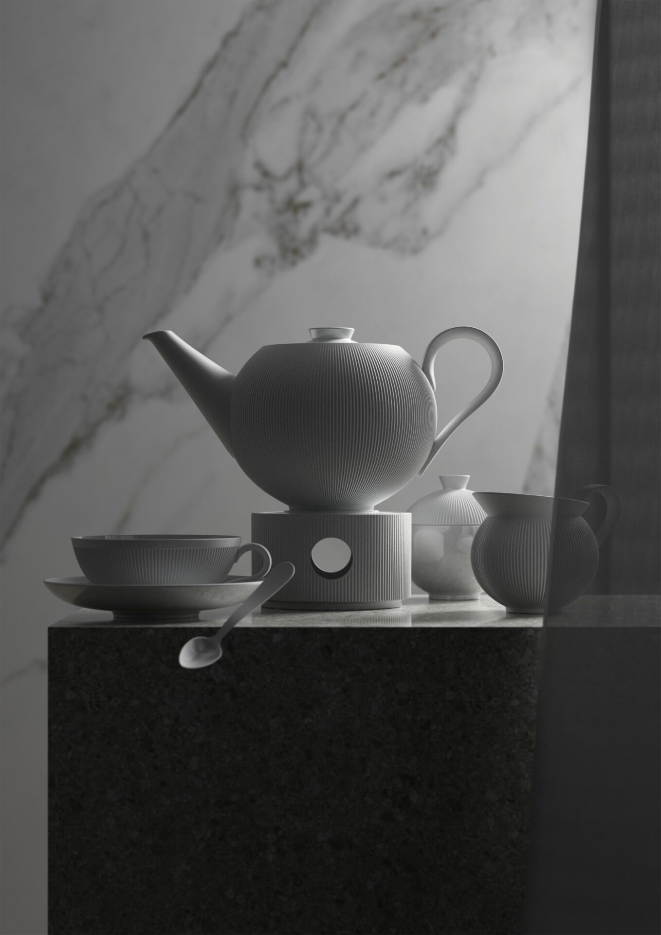 Stella Satin White – relief porcelany Sieger by Fürstenberg w bocznym świetle